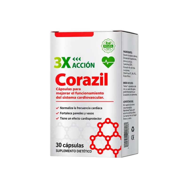 Caja de Corazil, vista en ángulo con el sello 3X Acción